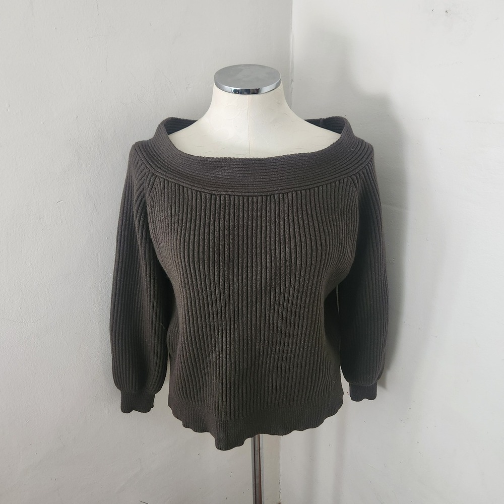 KIRUNDO Women Brown Ribbed Off Shoulder Knit Sweater XL Long‎ Sleeve Boat Neck